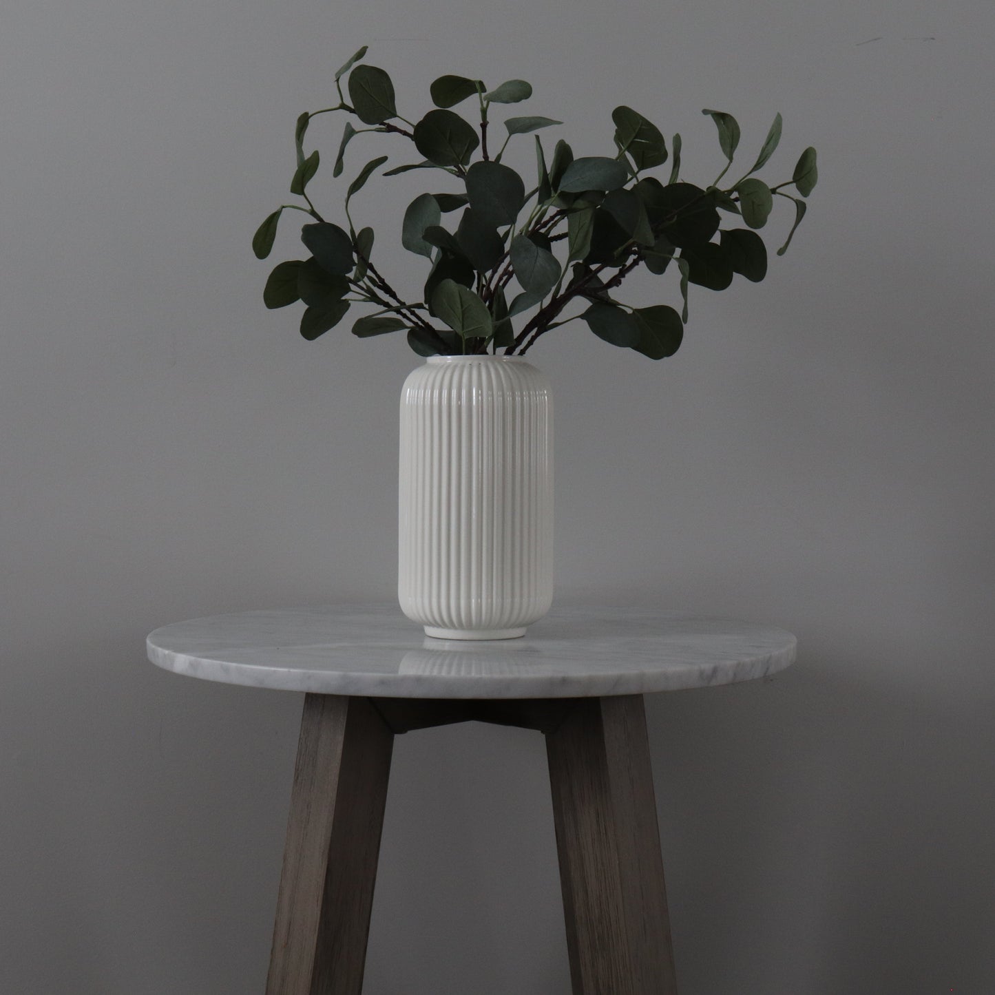 White Grooved Vase w/ Eucalyptus
